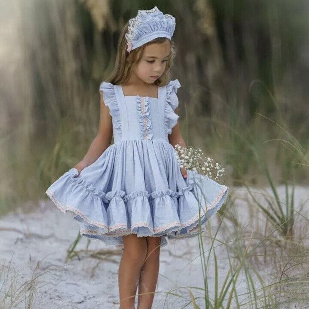 Dollcake Light Blue Ruffle Summer Dress with Matching Bonnet